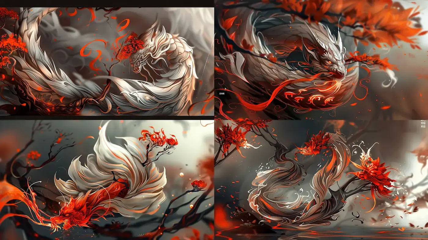 Dynamic and ethereal elements with a mythical essence - Midjourney sref style