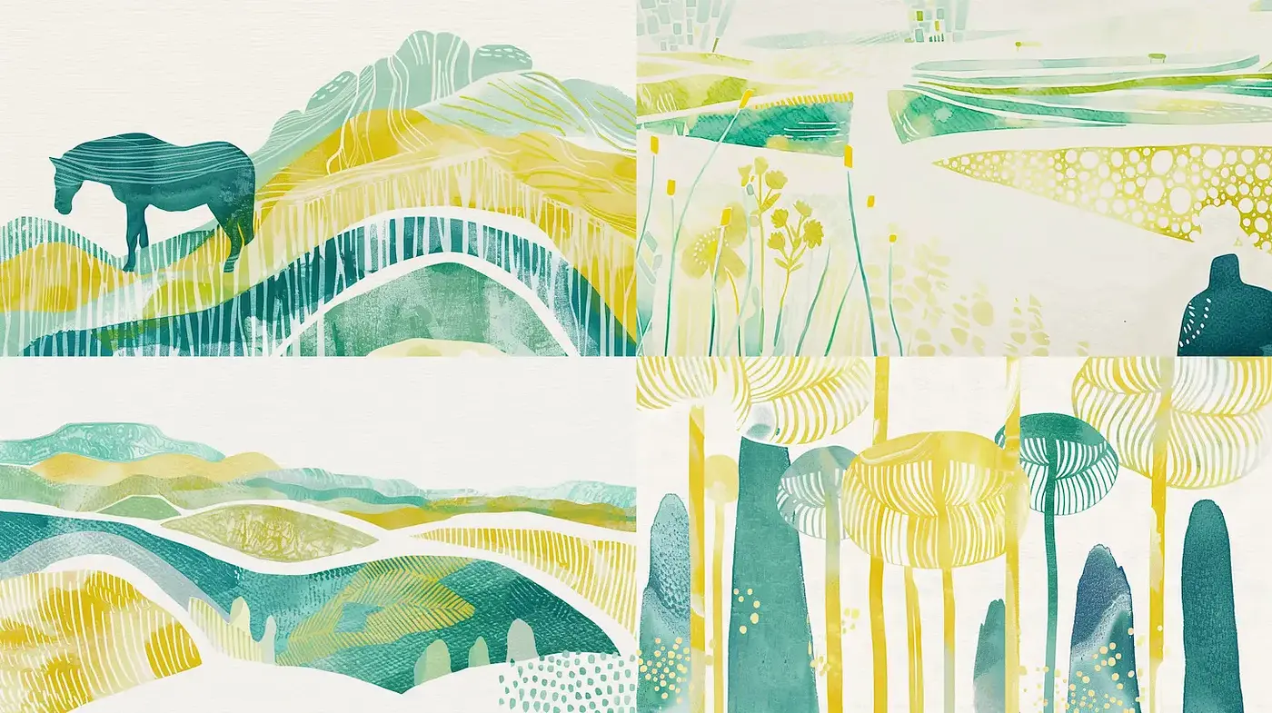 Consistent Midjourney Generated Landscape Illustrations with Organic Textures and Pastel Hues - Midjourney sref style