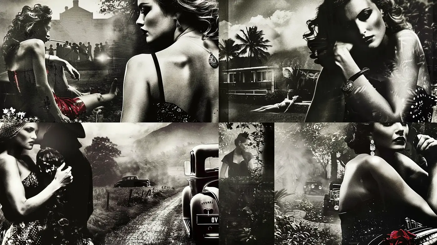 Noir-Inspired Monochromatic Elegance with a Surreal Twist - Midjourney sref style