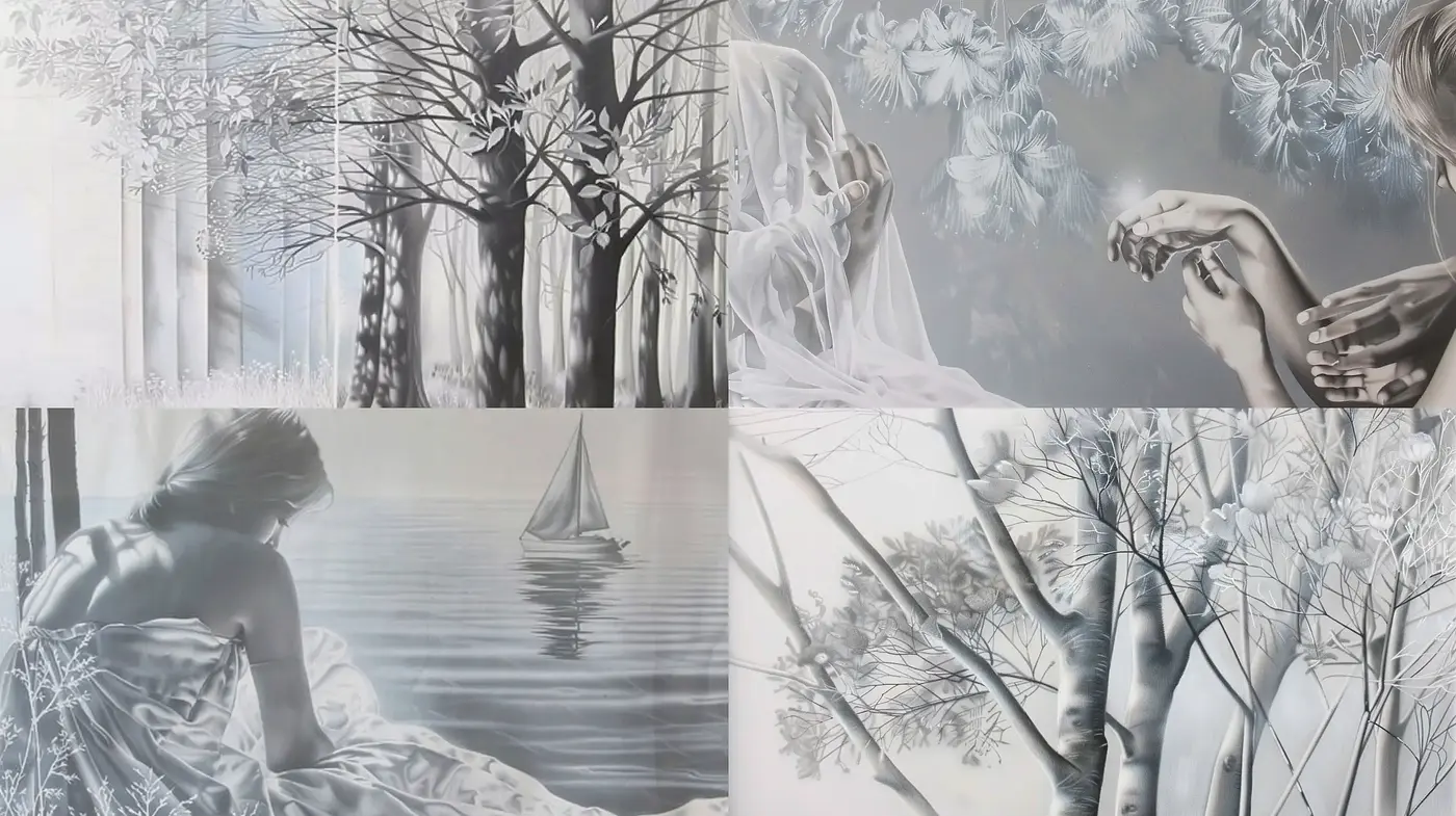 Ethereal Monochrome Dreamscape: A Consistent Exploration in Grayscale Tones - Midjourney sref style