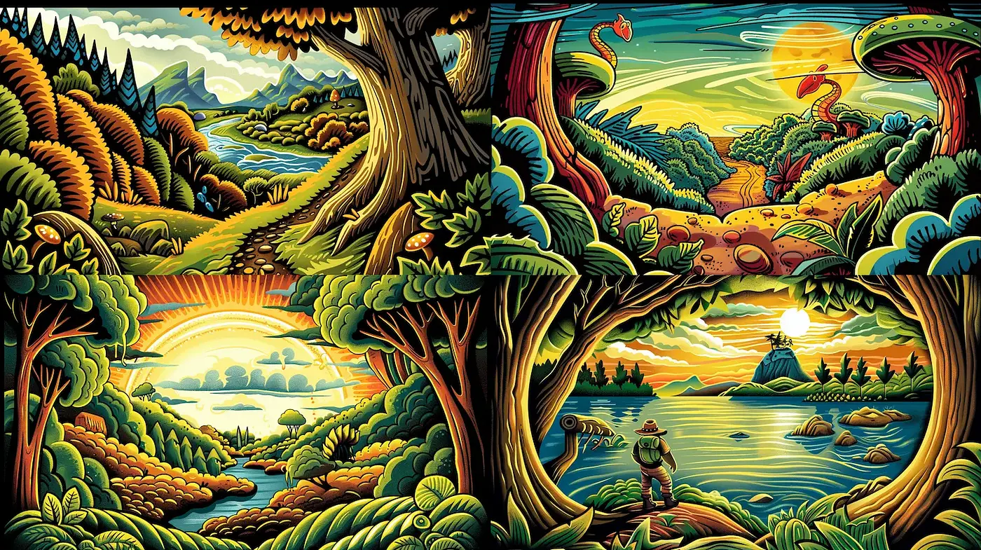 Vividly stylized natural landscapes with a whimsical touch - Midjourney sref style