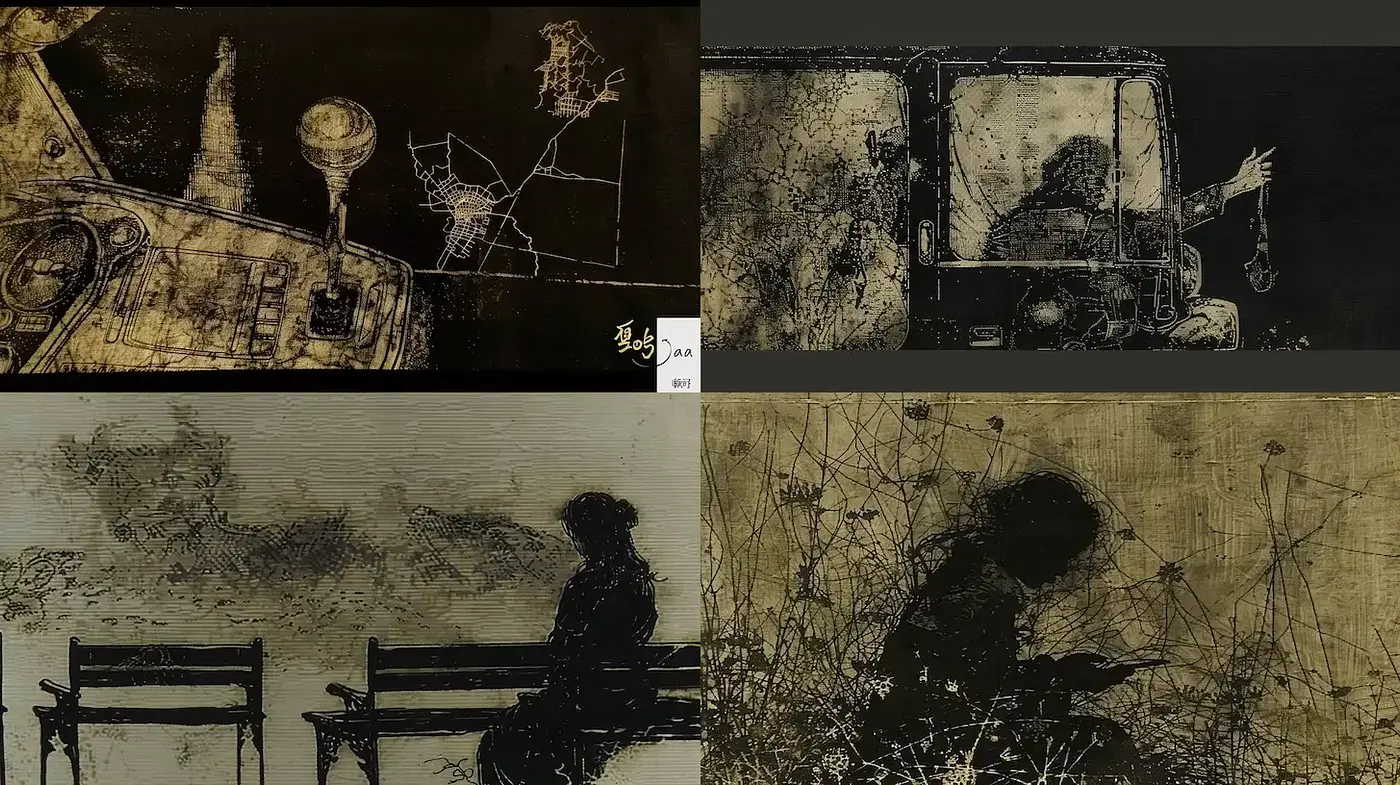 Exploration of Contemplation Through Textured Monochrome Artistry - Midjourney sref style