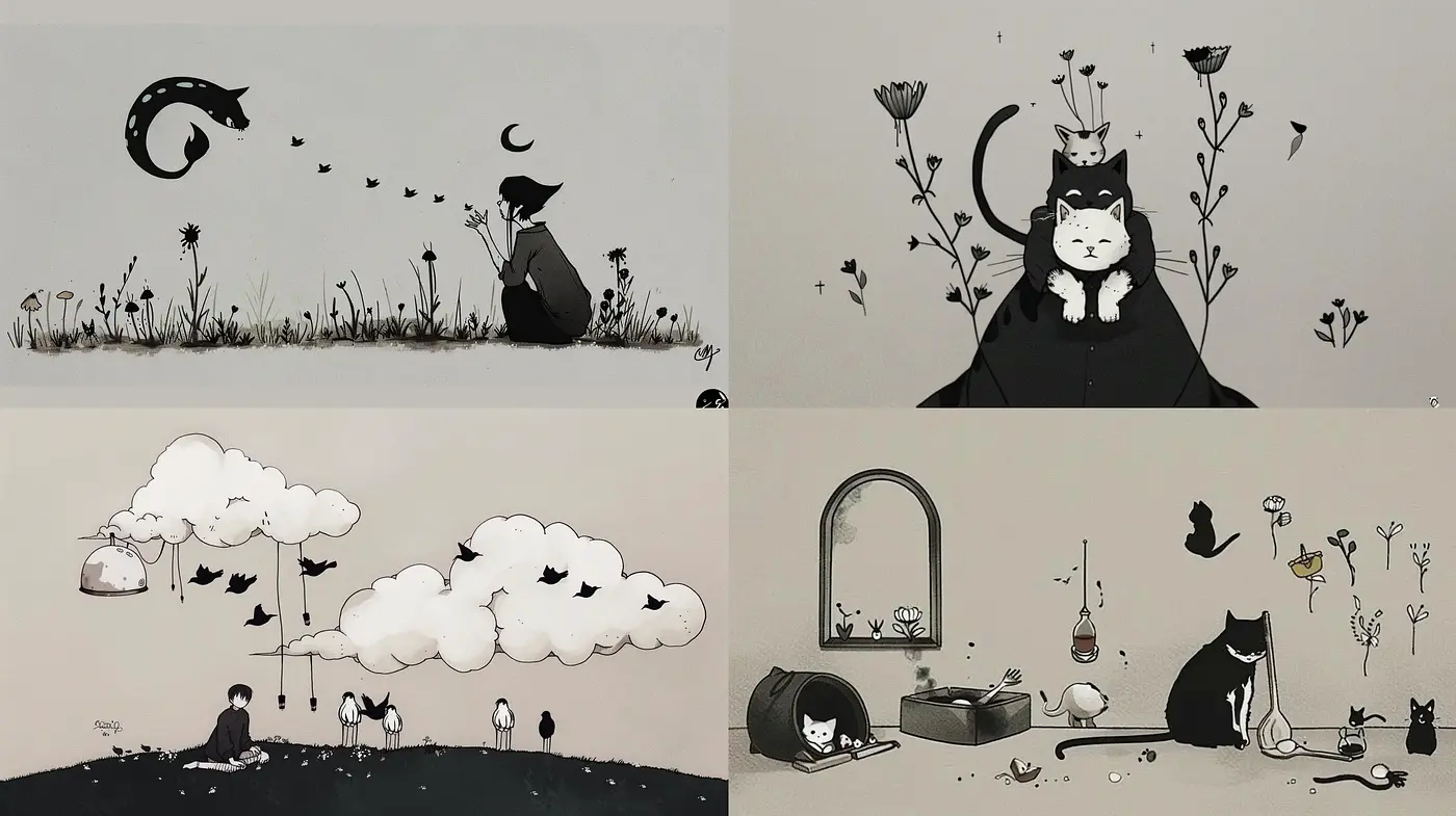 Monochromatic Whimsy: Dreamlike Simplicity in Black and White Illustration - Midjourney sref style