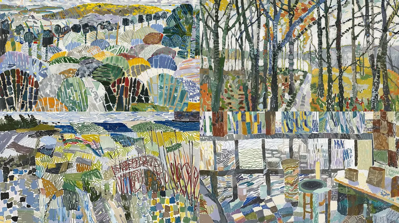 Eclectic Tapestry of Stylized Nature - A Fusion of Textured Brushwork and Mosaic Tones - Midjourney sref style