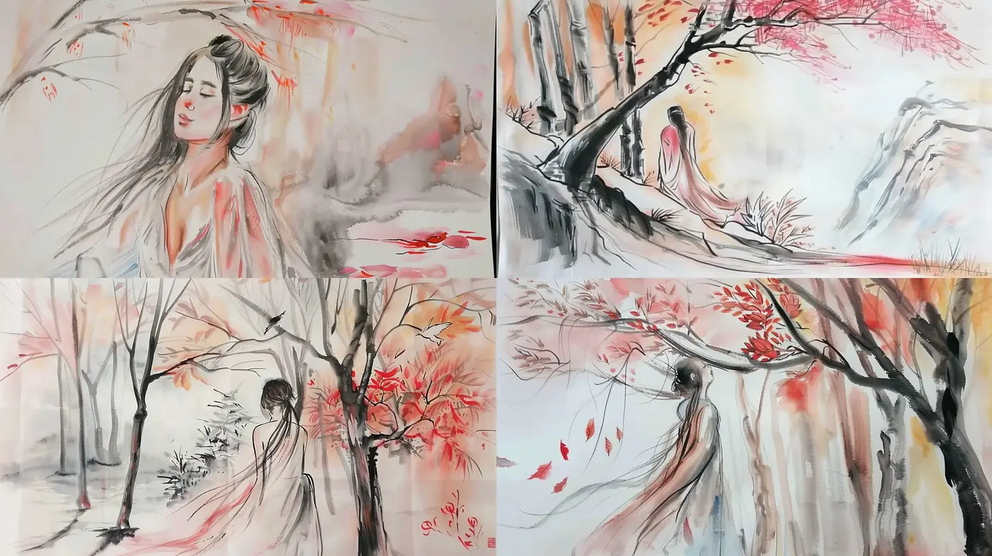 Ethereal Brushstrokes of Serenity: A Harmonious Blending of East Asian Ink Wash and Watercolor Moods - Midjourney sref style
