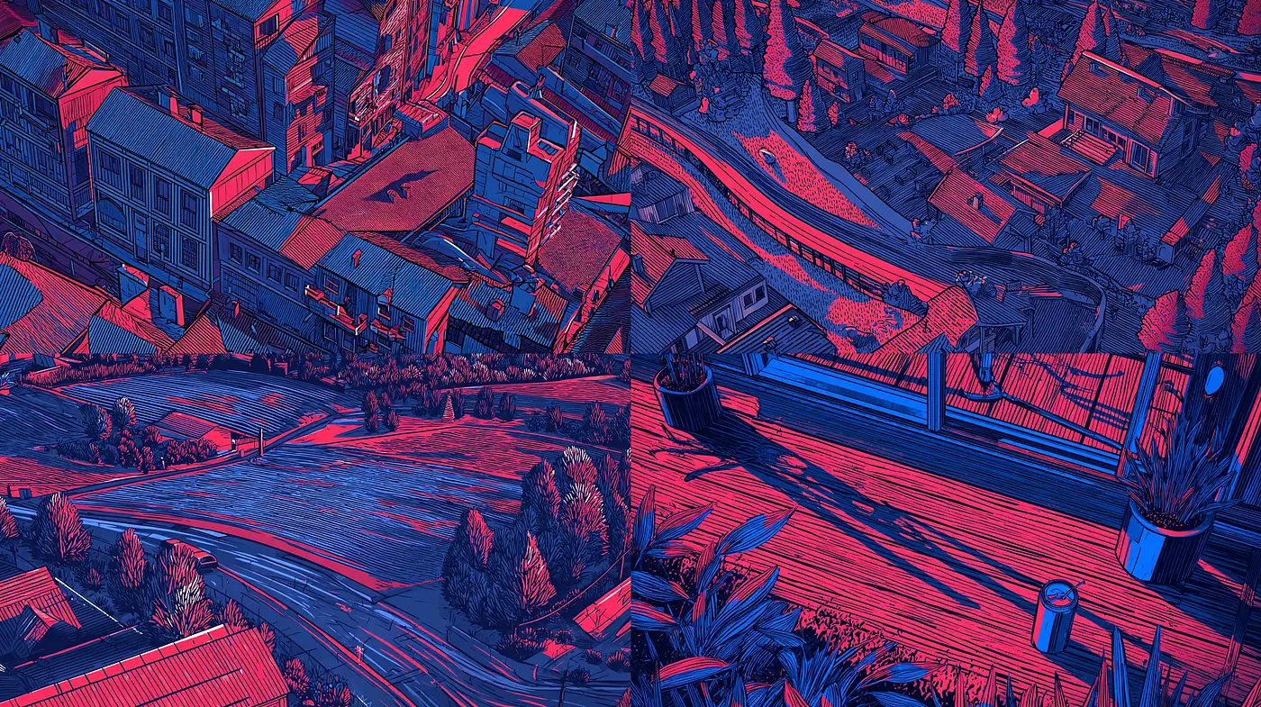 Contemporary urban landscapes with dynamic textures and bold contrasts - Midjourney sref style