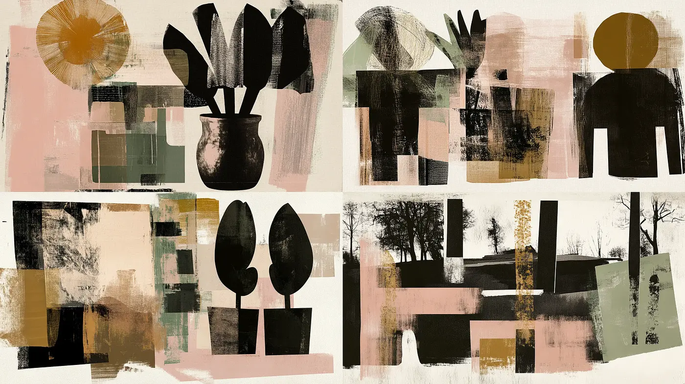 Abstracted Botanical Patchwork: A Medley of Earthy Tones and Textured Collage - Midjourney sref style