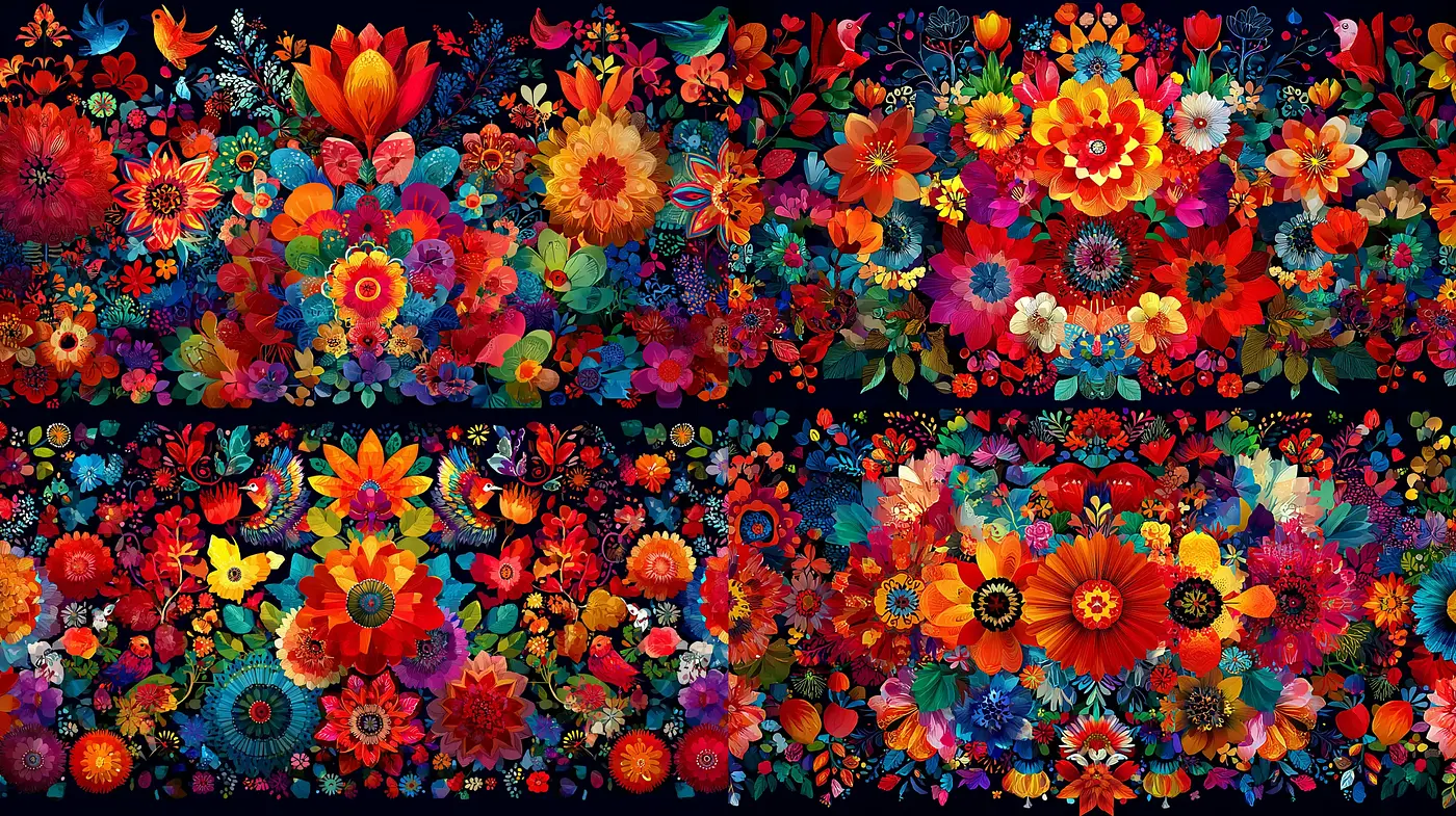 Vibrant and Whimsical Floral Composition with a Lush, Multicolored Atmosphere - Midjourney sref style