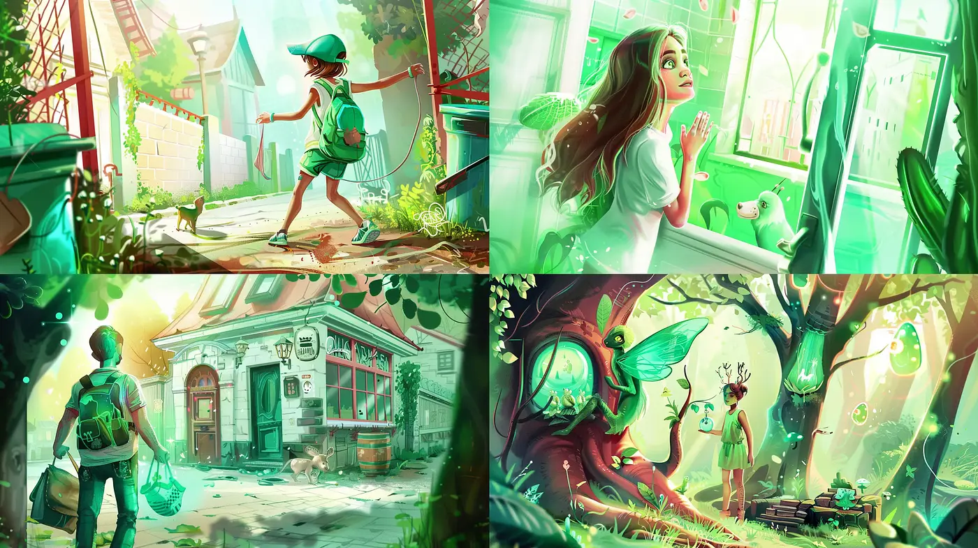 Whimsical Green-Toned Narrative Art Style - Midjourney sref style