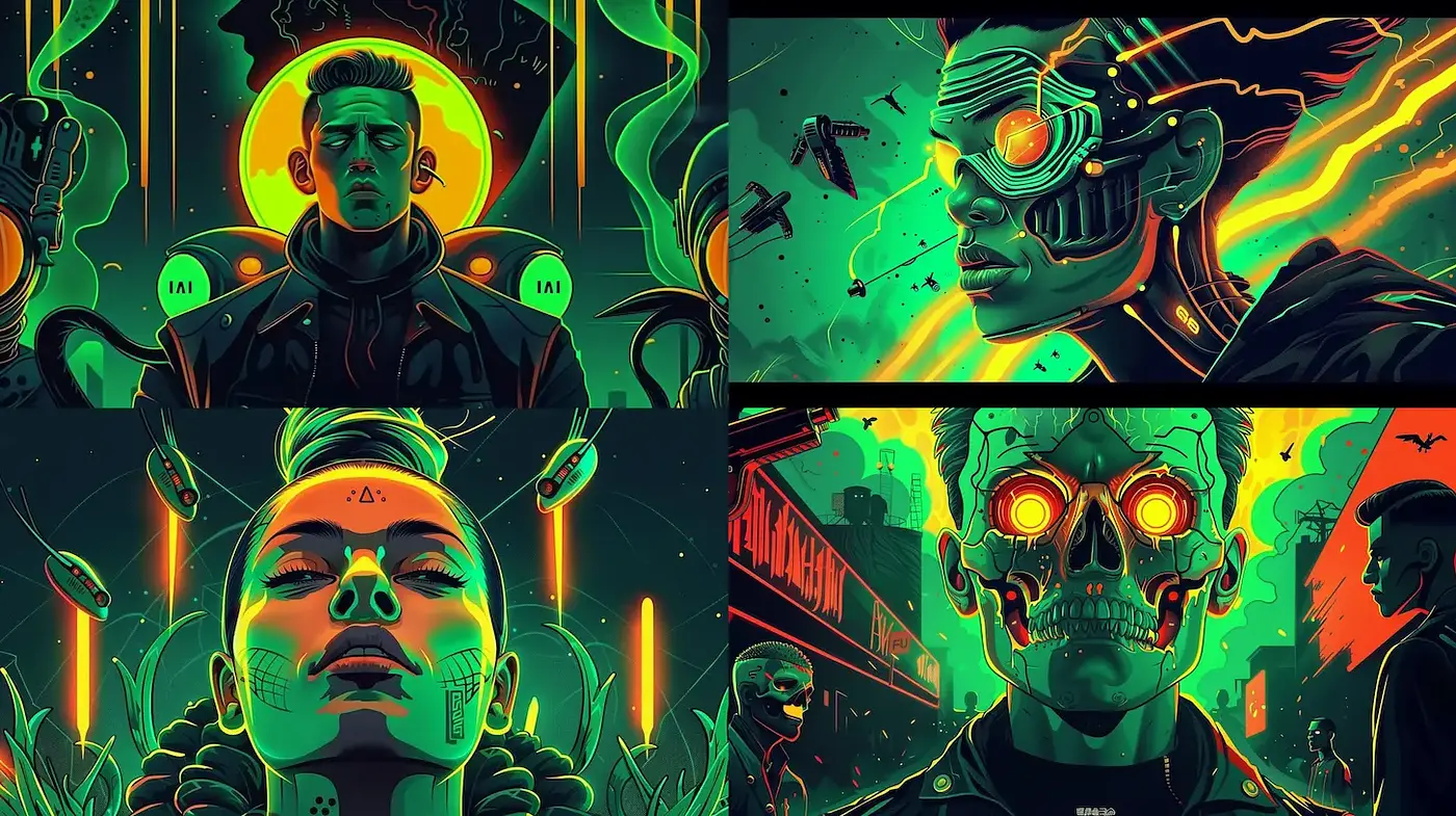 Futuristic Neon Cyberpunk Aesthetic with Distinctive Character Design - Midjourney sref style