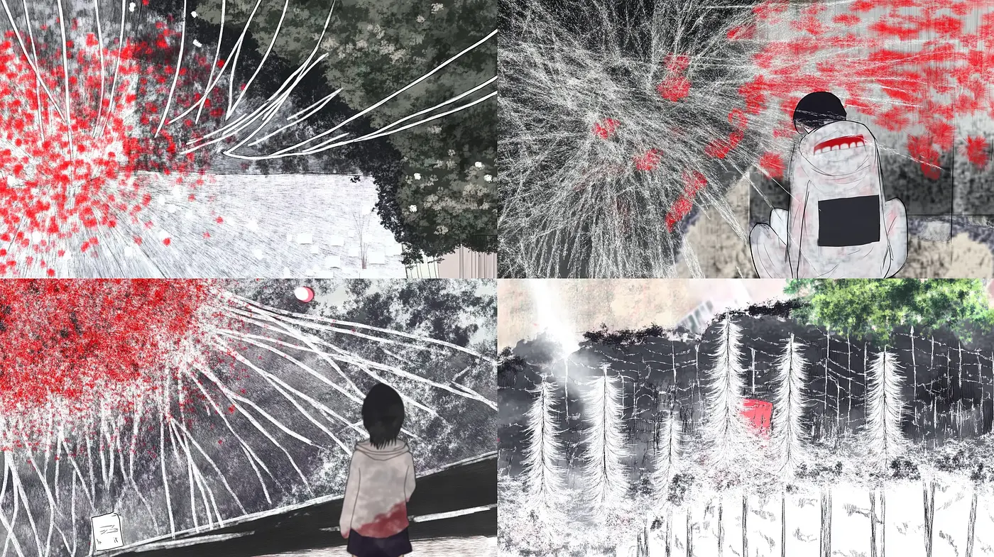 Stark Monochrome Meets Vivid Red Splashes in Dynamic Composition - Midjourney sref style