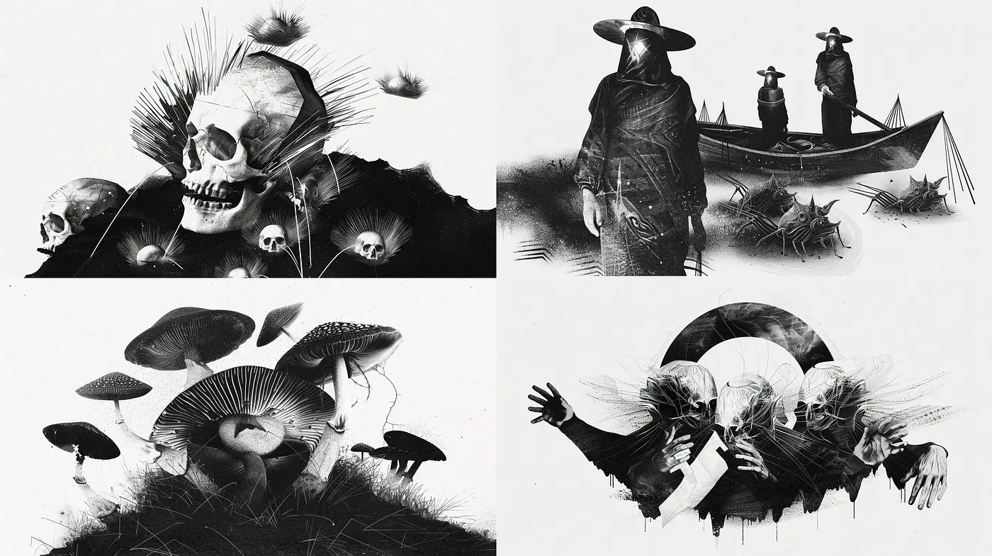 Monochromatic Surrealism with a Mystical Undertone - Midjourney sref style