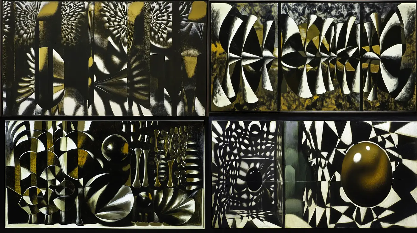 Synchronicity of Shadows and Lustrous Noir - An Exploration of Textured Monochromatic Symmetry - Midjourney sref style