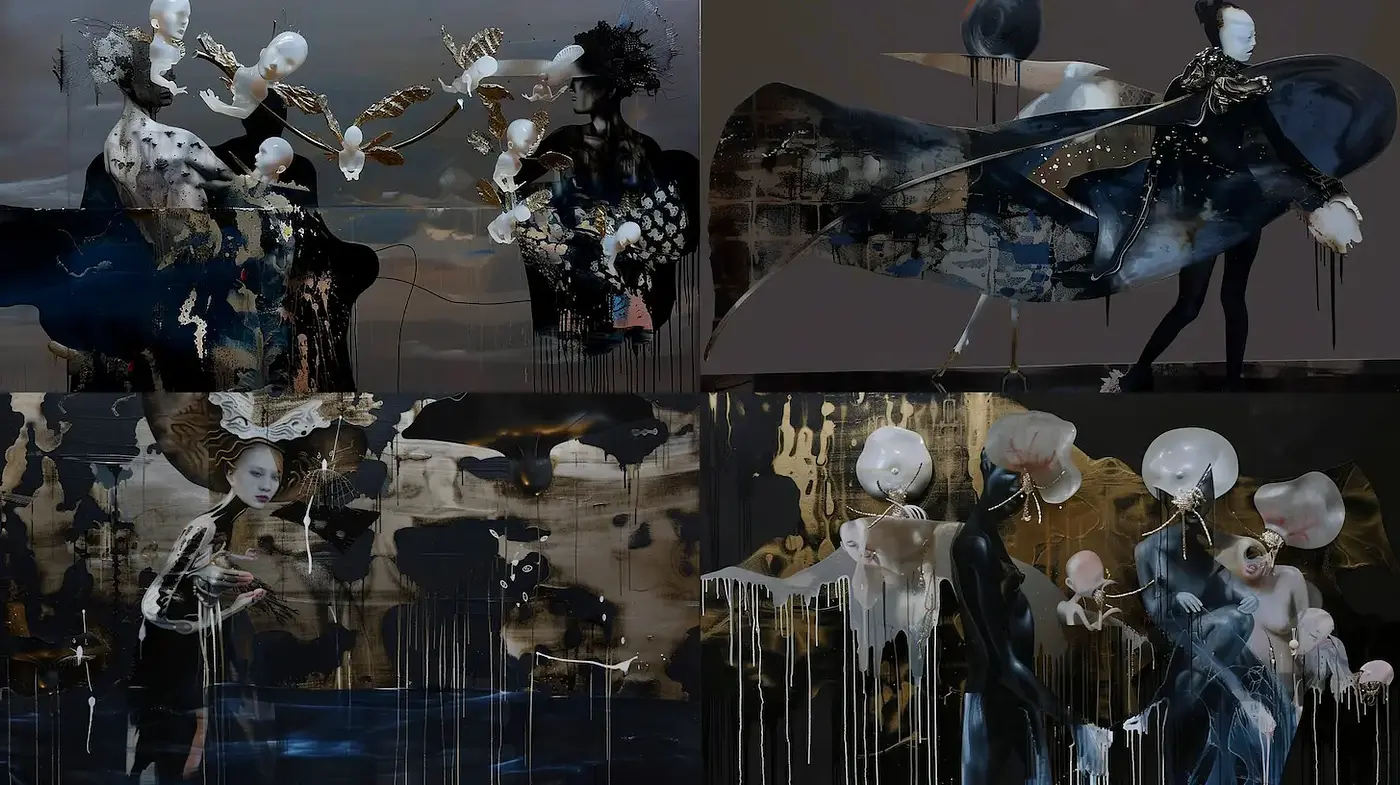 Surrealistic Exploration of Form and Emotion with Dark Undertones - Midjourney sref style