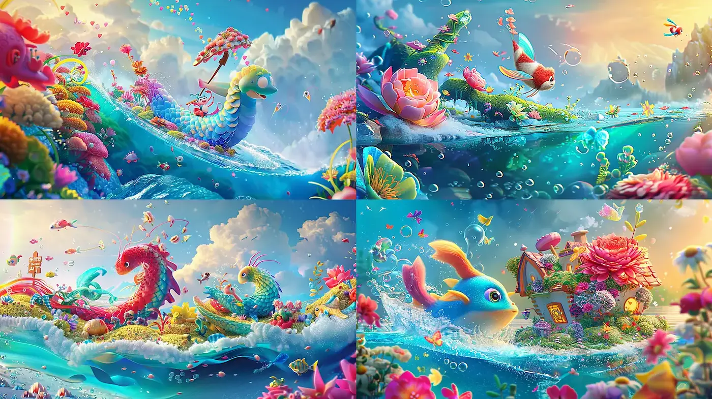 Vibrant and whimsical underwater fantasy landscapes with playful characters - Midjourney sref style