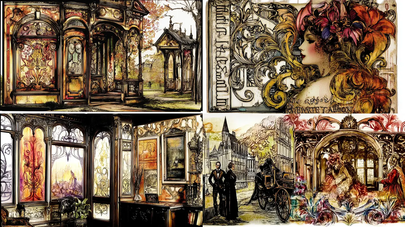 Enchanting Art Nouveau Reflections in Stained Glass and Elegance - Midjourney sref style