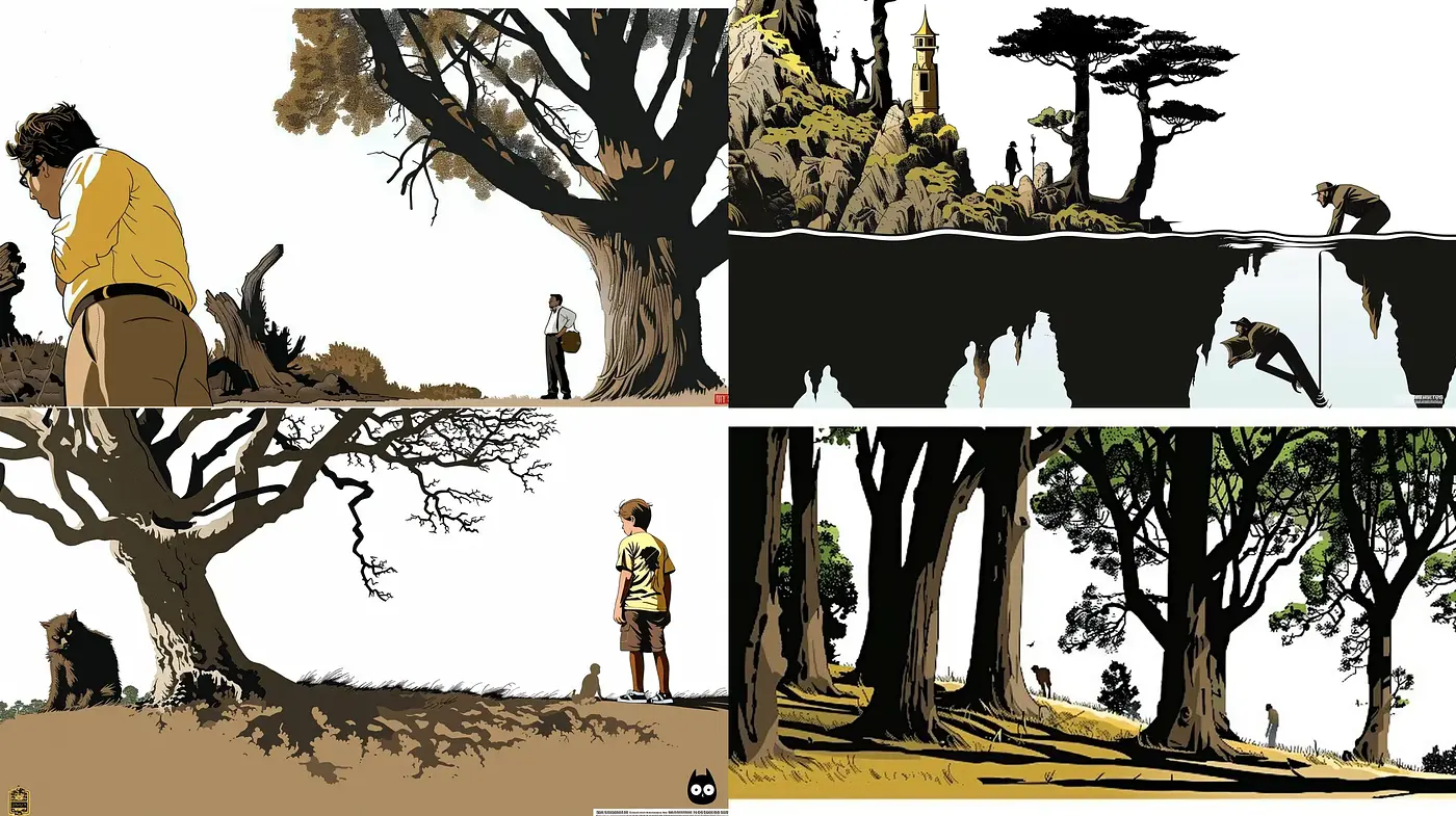 Silhouetted Horizons: A Study of Contrast and Serene Landscapes in Sepia and Ebony - Midjourney sref style