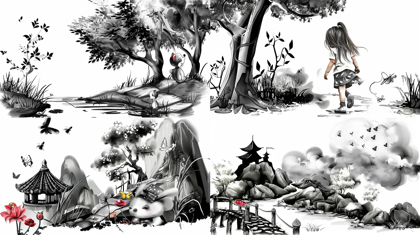 Monochromatic Whimsy: Evoking Childhood Innocence in Ethereal Landscapes - Midjourney sref style