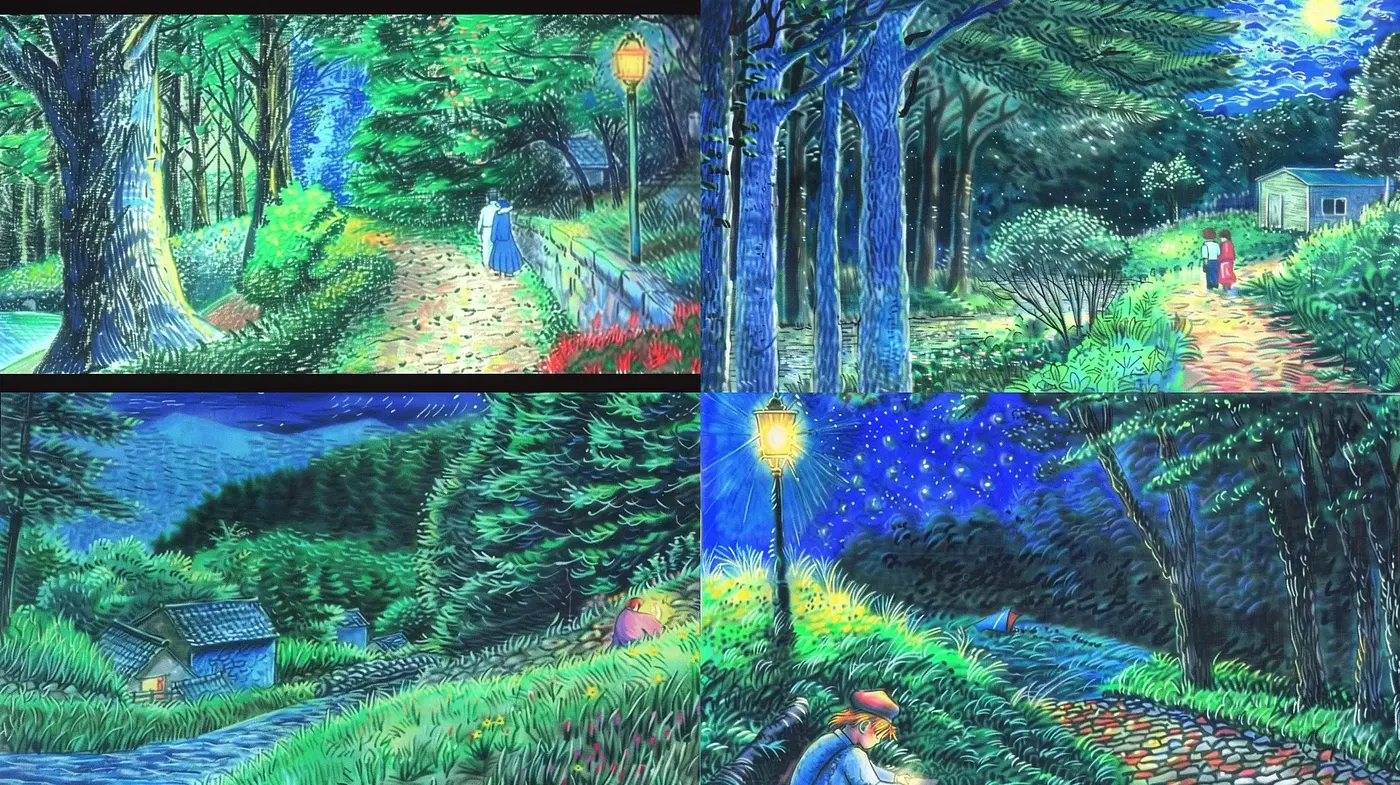 Enchanted Nocturnal Landscapes with Vibrant Textures - Midjourney sref style