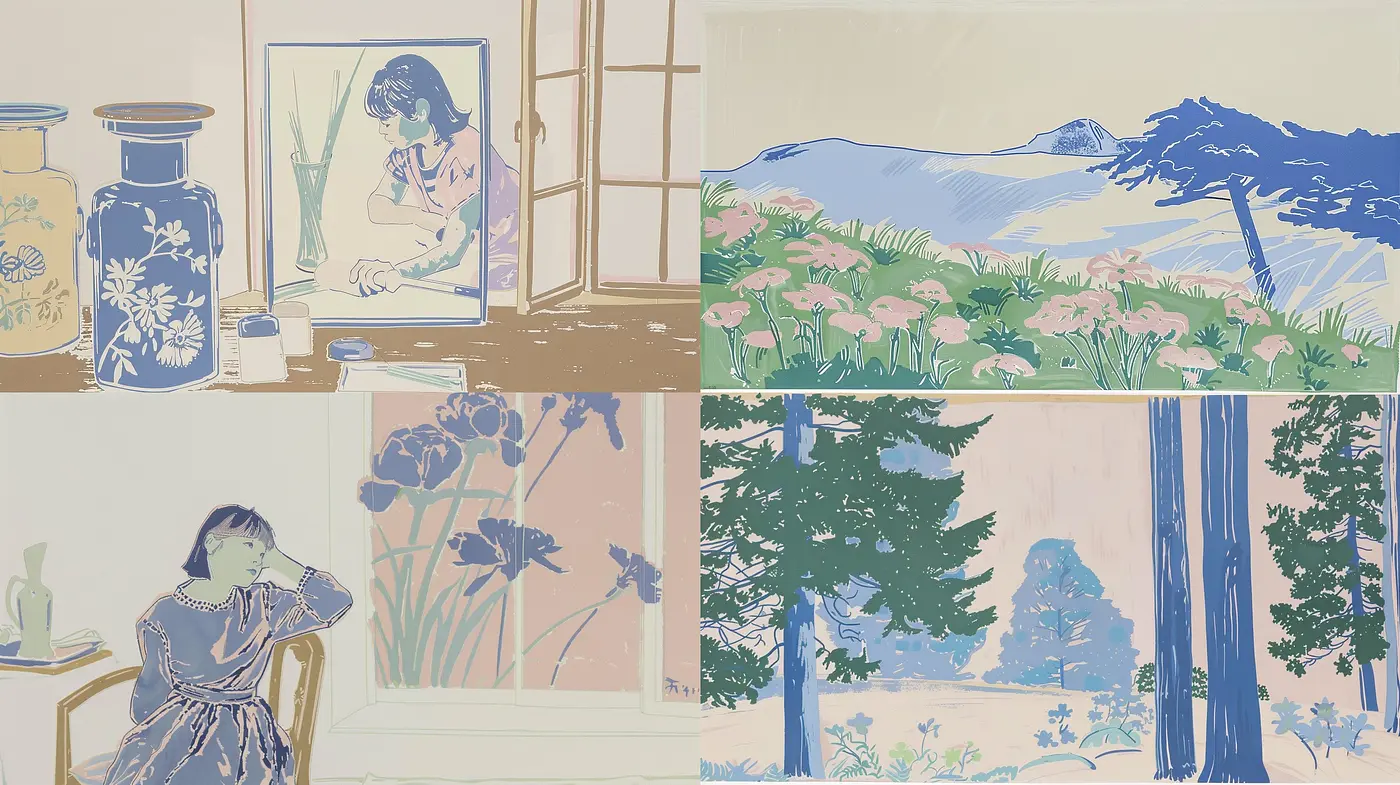 Serenity in Pastel: A Harmonious Blend of Subdued Hues and Gentle Lines - Midjourney sref style