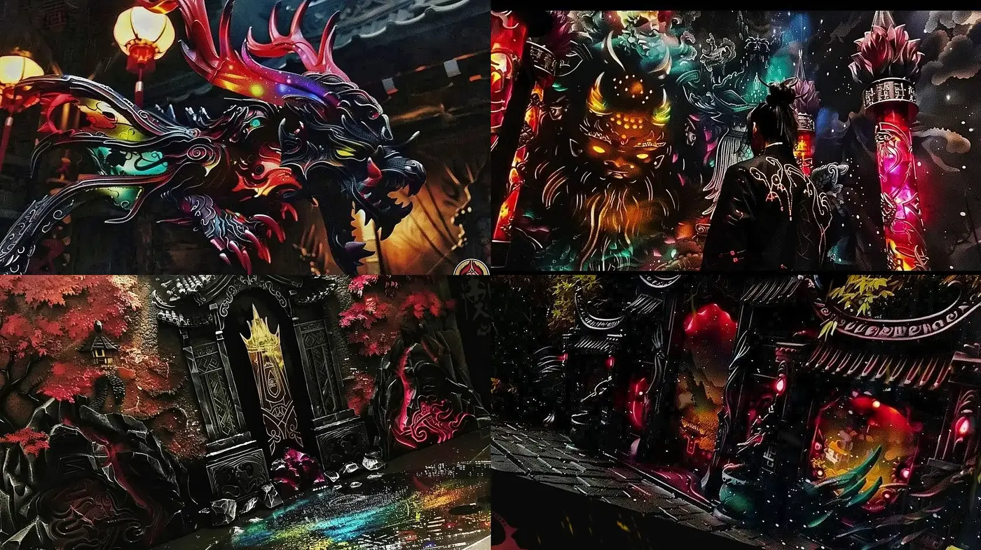 Neon-Infused Mythological Dreamscape Artistry - Midjourney sref style