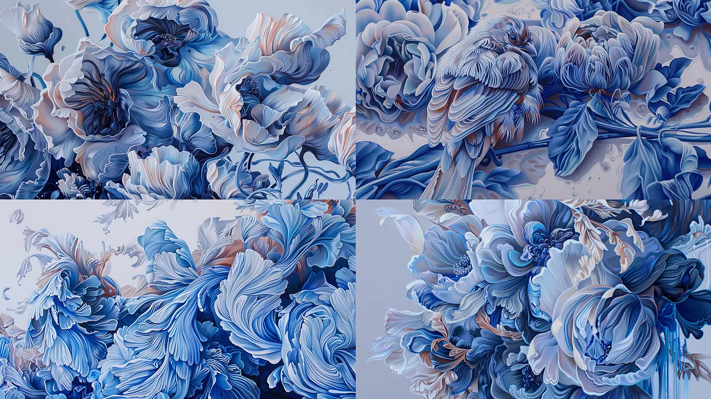 Ethereal Florals Cascade in Hues of Blue: A Dreamlike Digital Symphony - Midjourney sref style