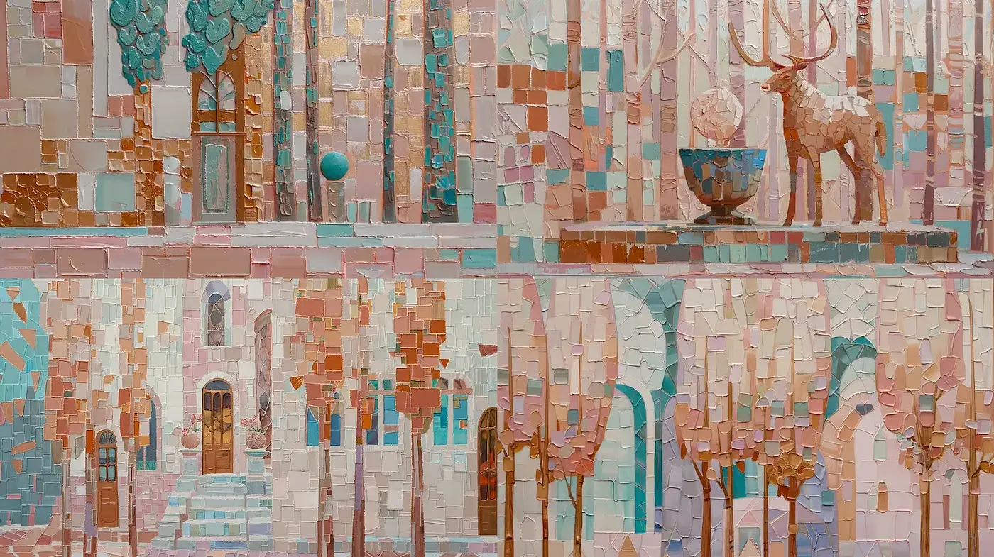 Serene and Dreamlike Mosaic Landscape with Ethereal Elements - Midjourney sref style