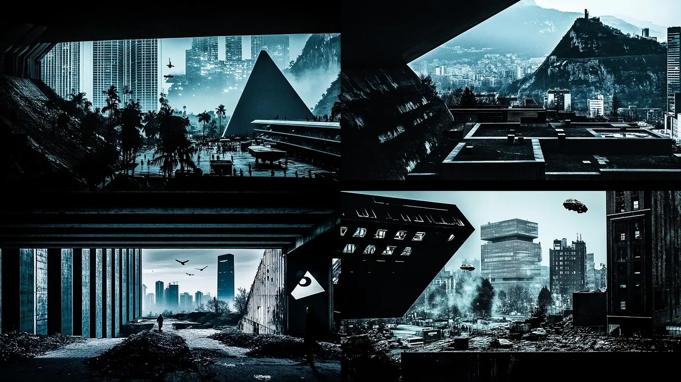 Dystopian Noir Fusion: Cityscapes of Bleak Futures and Advanced Technologies - Midjourney sref style