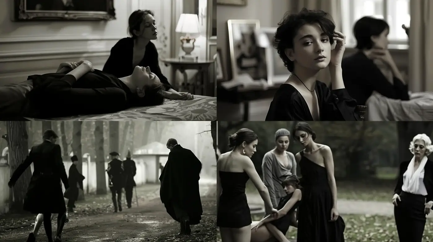 Monochromatic Elegance in Contemplative Portraiture and Narrative Scenes - Midjourney sref style
