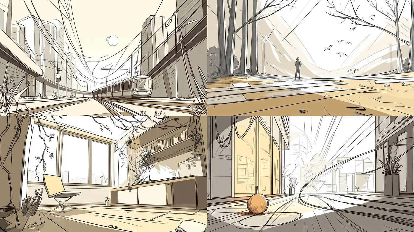 Sepia-Toned Urban Tranquility Illustrations - Midjourney sref style