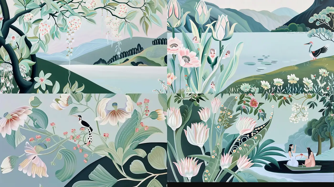 Serene Pastoral Elegance in Stylized Botanical Artistry - Midjourney sref style