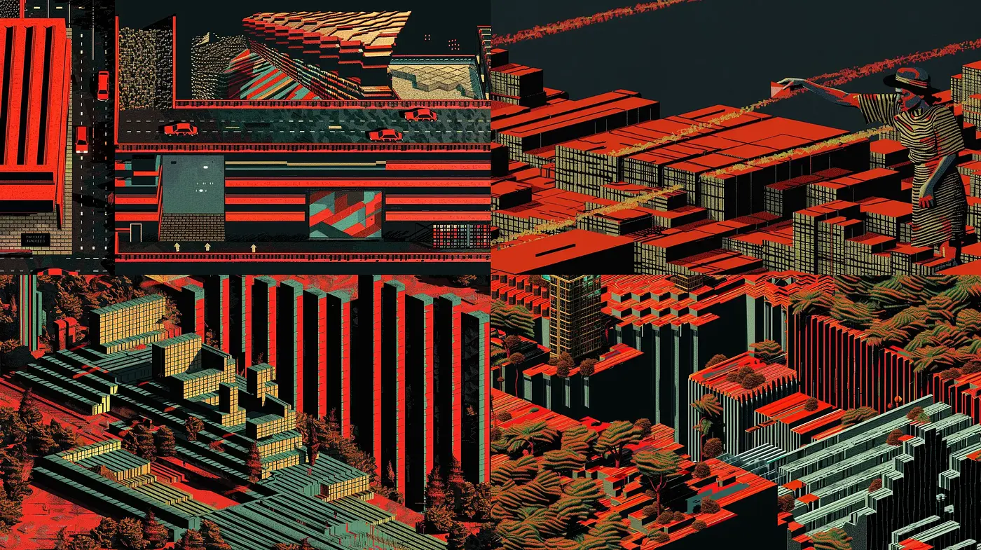 Futuristic Neon Gridscape: A Cybernetic Synthesis of Architectural Complexity - Midjourney sref style