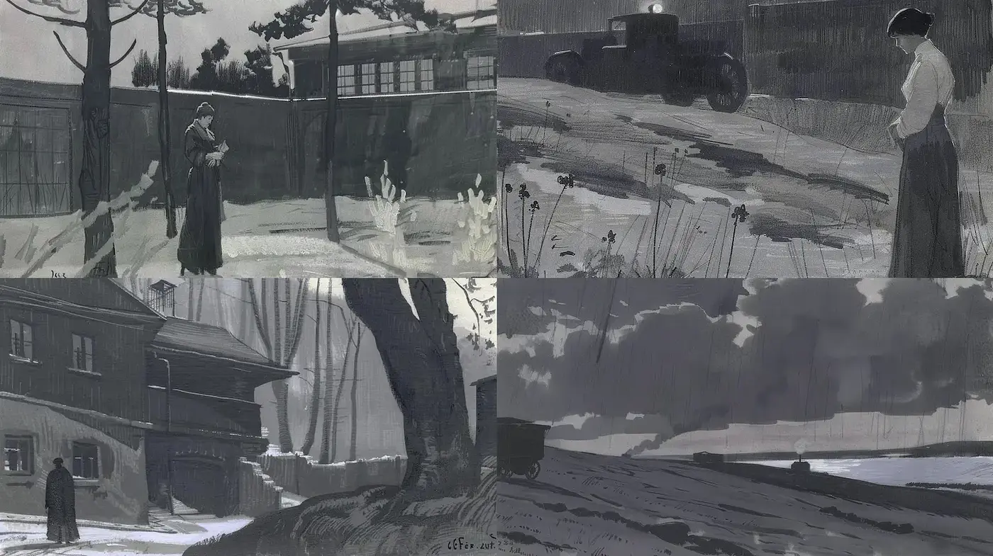 Moody monochromatic landscape with human elements reminiscent of early 20th-century artistic styles - Midjourney sref style