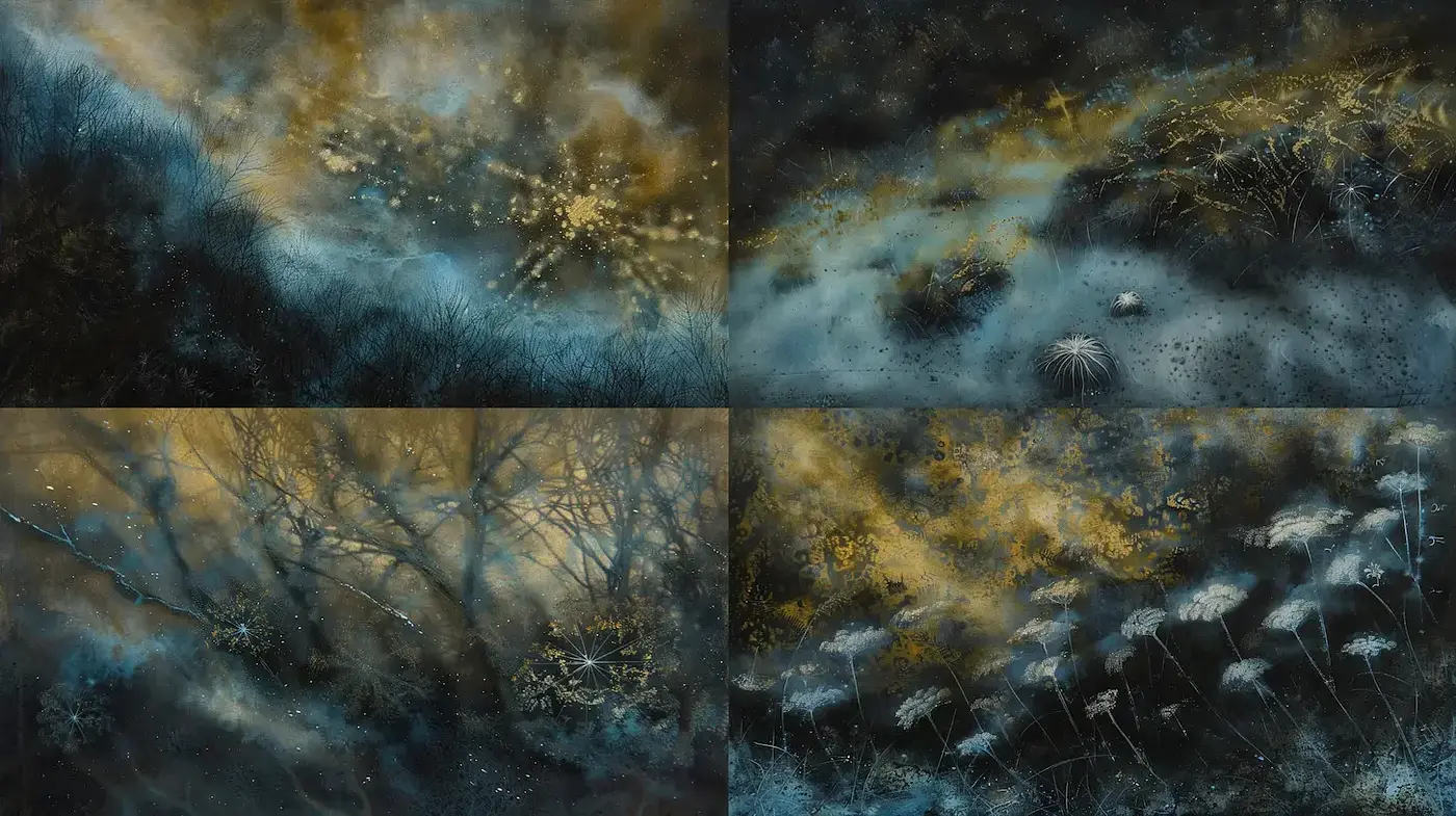 Mystical landscapes with ethereal light and texture - Midjourney sref style