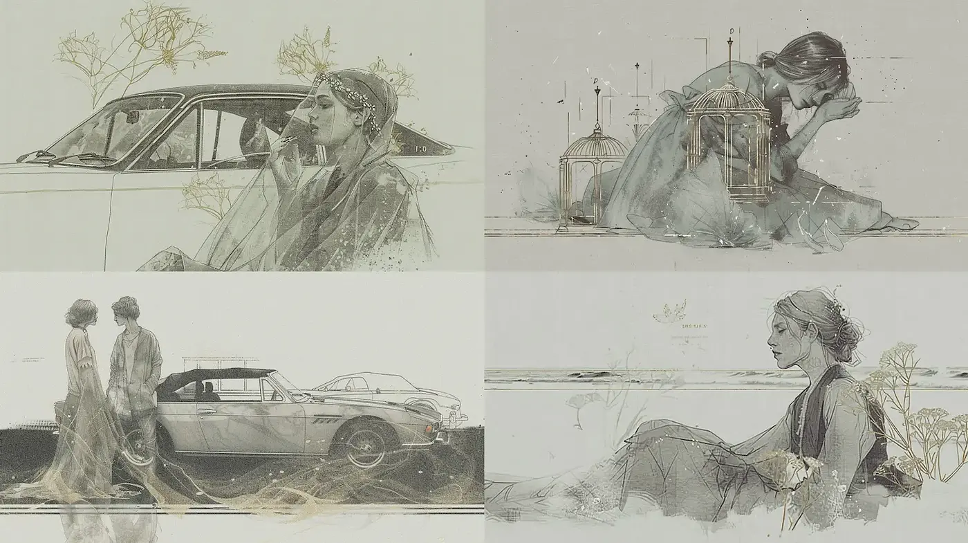 Elegant and Ethereal Illustrations with Architectural Elements - Midjourney sref style