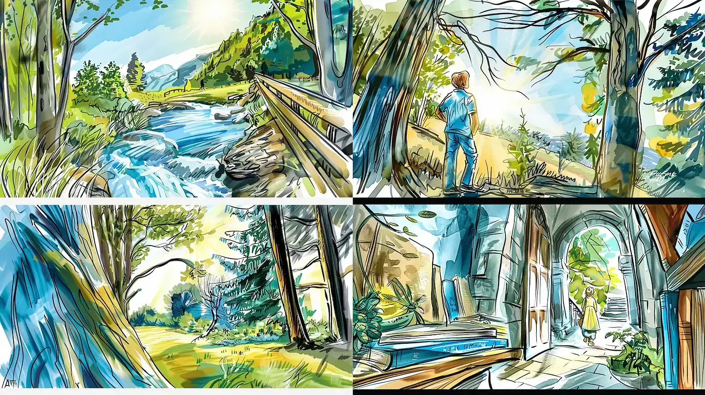 Lush and Vivid Storybook Illustration Panorama - Midjourney sref style