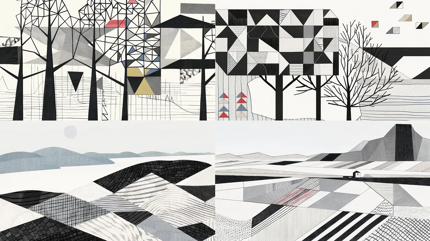 Monochromatic Serenity with Geometric Contrasts and Textural Harmony - Midjourney sref style