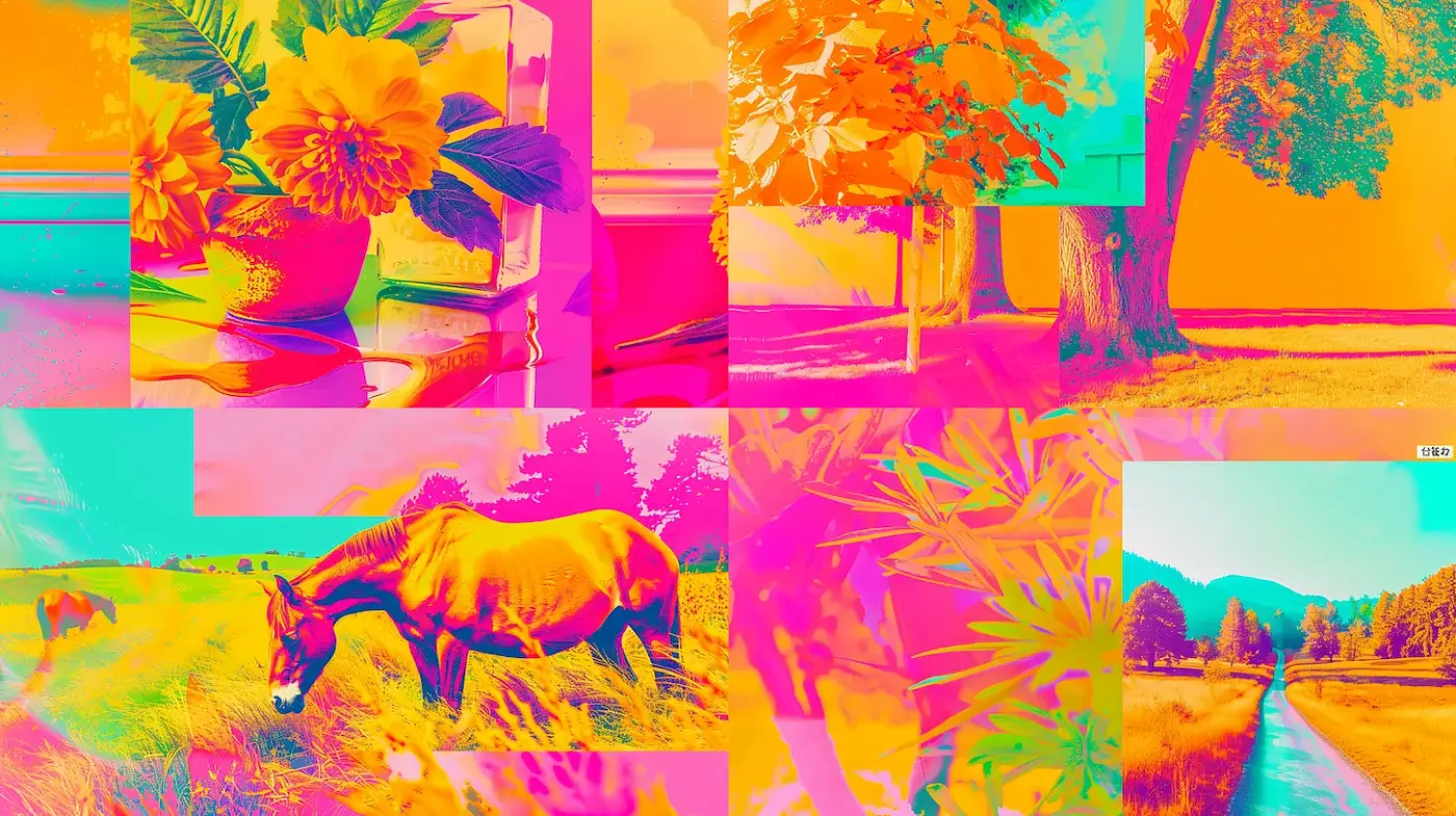 Vibrant Surrealist Color Collage with Organic Elements - Midjourney sref style