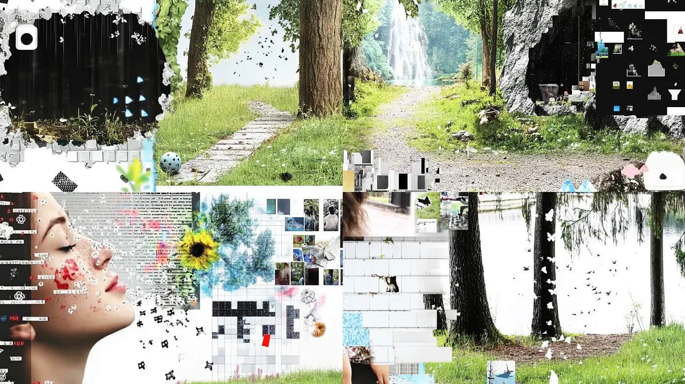 Fragmented Nature and Digital Collage: A Modern Exploration of Pixelated Realms - Midjourney sref style