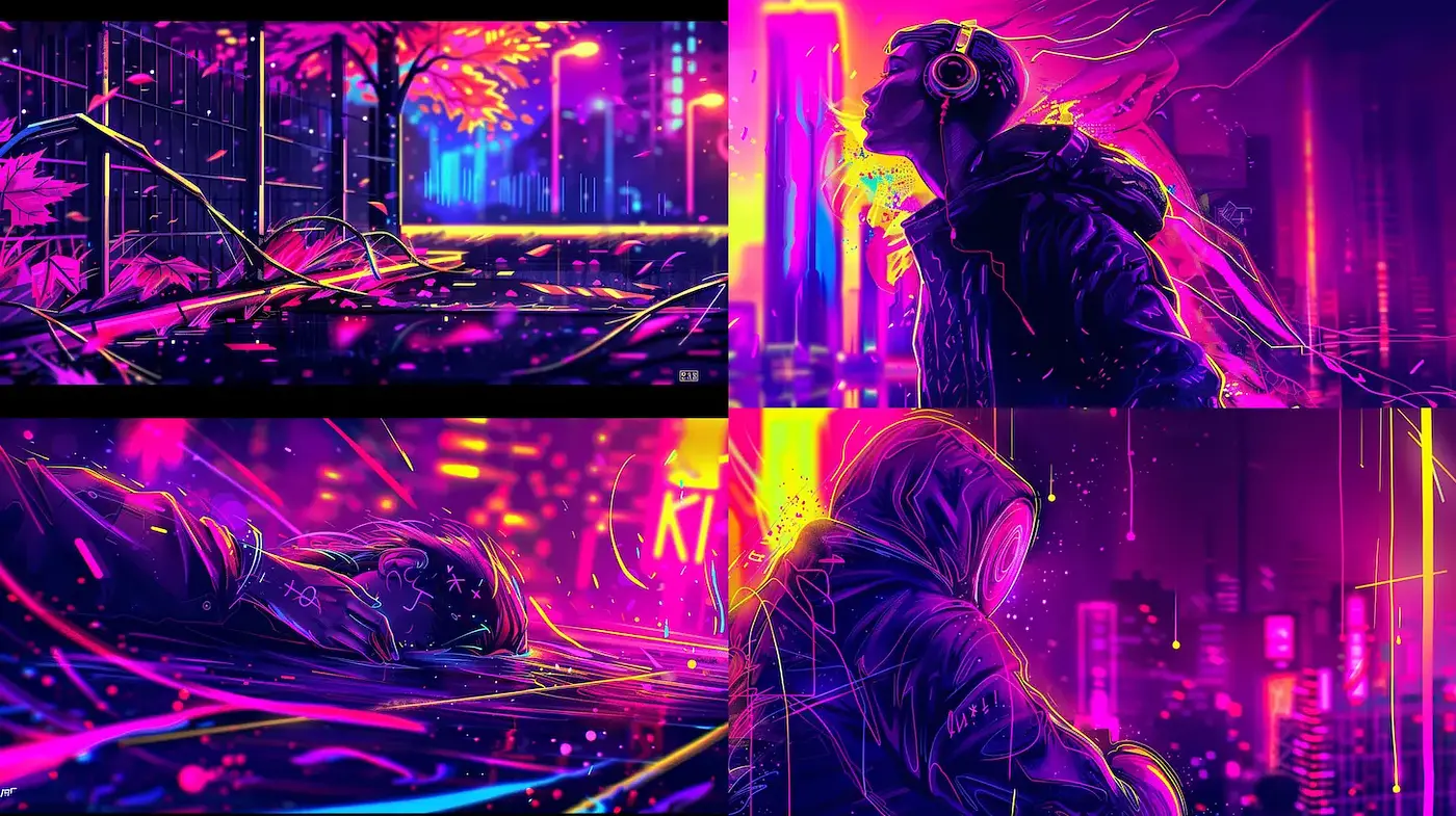 Vibrant Neon Cyberpunk Aesthetic with Emotional Depth - Midjourney sref style