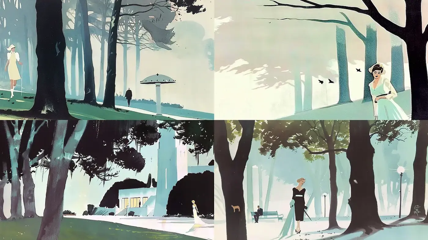 Whimsical Mid-Century Modern Illustrations with Ethereal Quality - Midjourney sref style