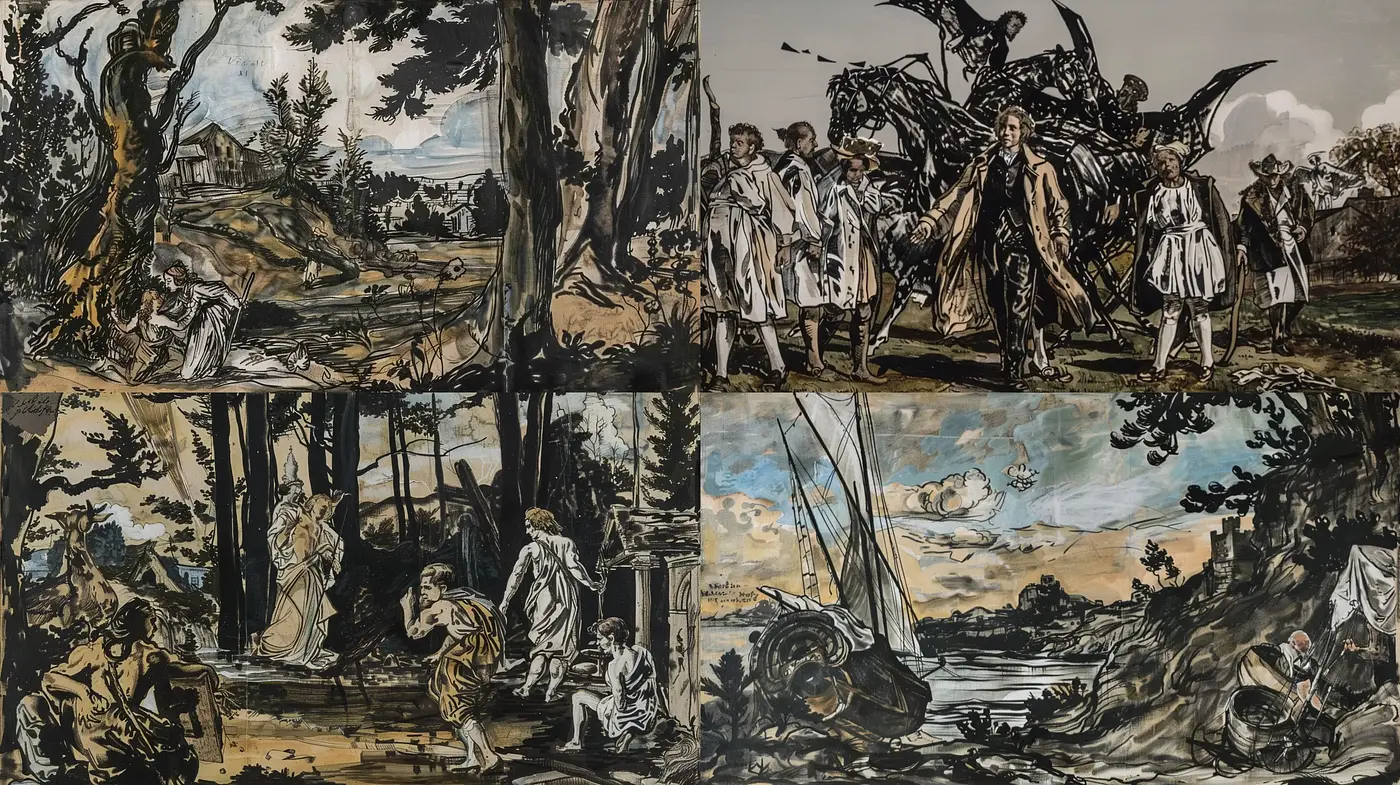 Elegantly Stylized Baroque Narrative Scenes with a Sepia-Toned Palette - Midjourney sref style