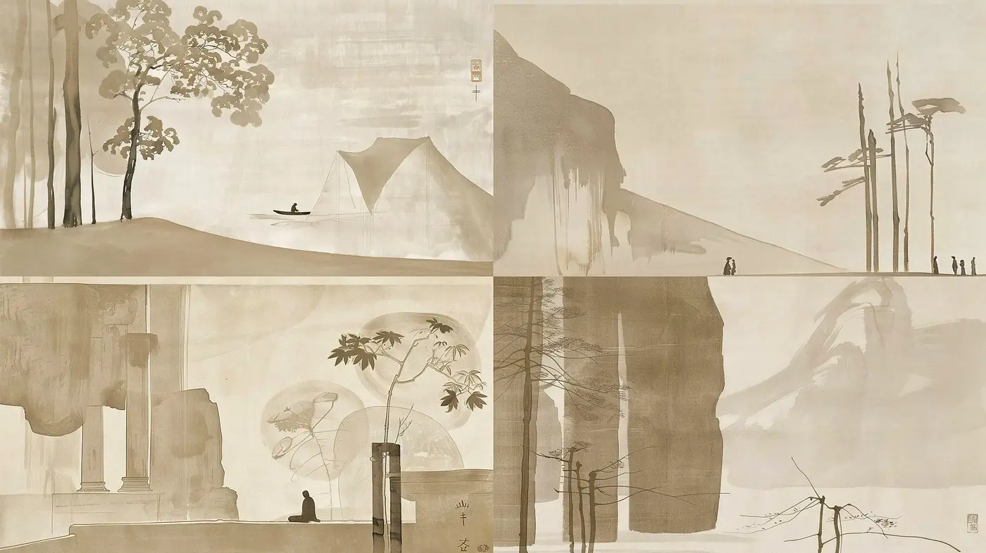 Translucent Silhouettes and Sepia Tones in Ethereal Landscapes - Midjourney sref style