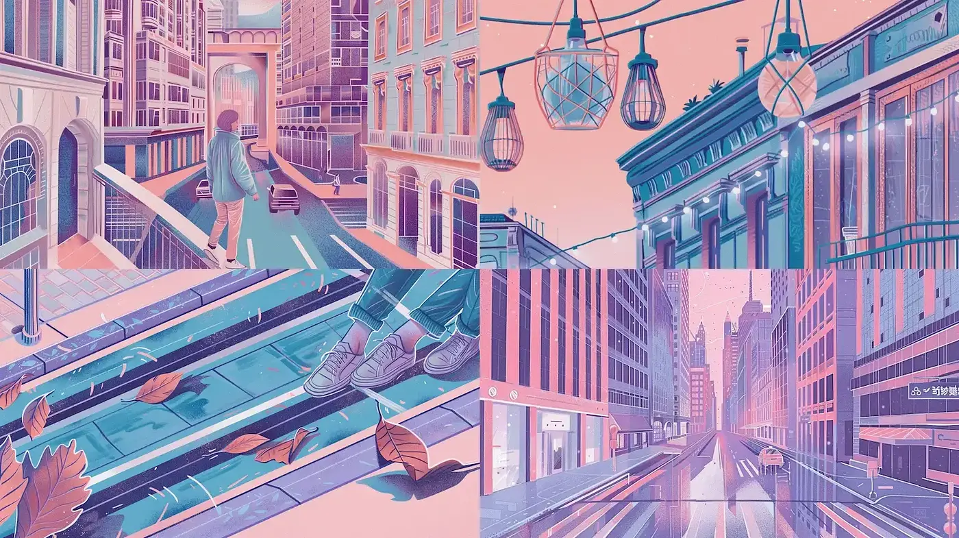 Pastel Urban Dreamscape: A Retrofuturistic Vision in Subdued Hues - Midjourney sref style