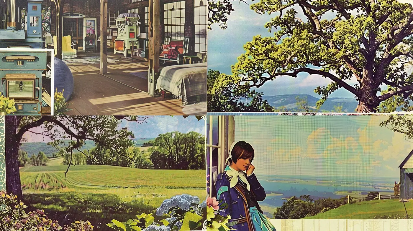 Retro Idyllic Pastoral Dreamscapes: A Nostalgic Journey Through Stylized Vistas - Midjourney sref style