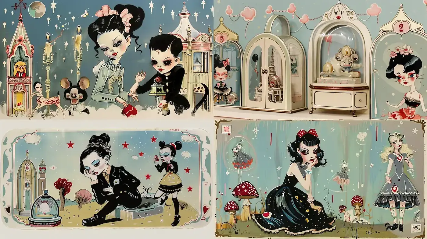 Whimsical and Playful Retro Art Style with Dark Elements - Midjourney sref style