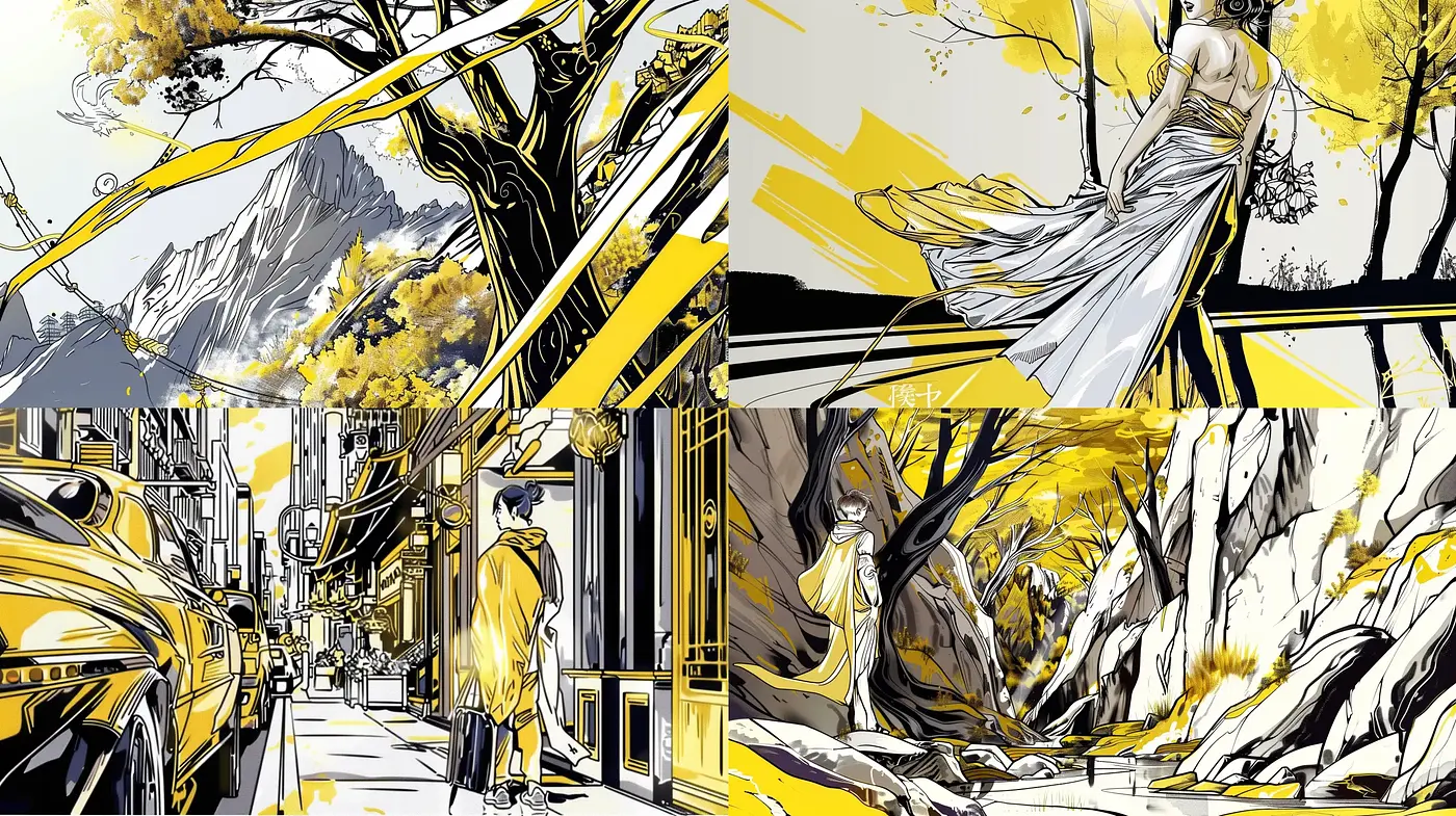 Dynamic Contrast: Bold Black Outlines with Vibrant Yellow Accents and Graphic Novel Aesthetics - Midjourney sref style