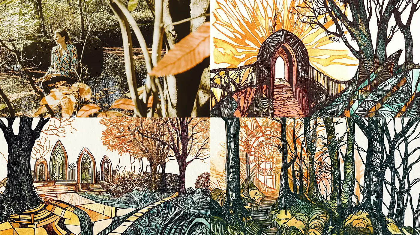 Autumnal Hues and Inked Branches: A Harmony of Organic Lines and Warm Tones - Midjourney sref style