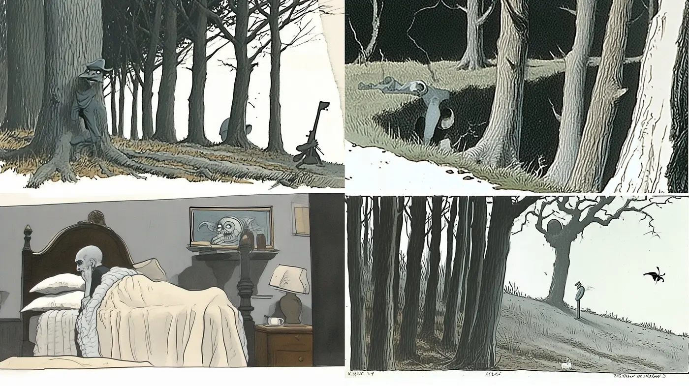 Ethereal Monochrome: Glimpses of a Dreamlike Noir Forestscape - Midjourney sref style