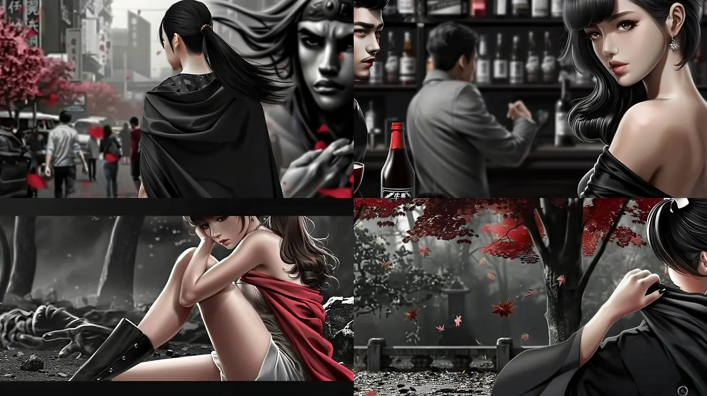 Monochromatic Elegance with a Touch of Crimson: A Homage to Contemporary Manga Aesthetics - Midjourney sref style